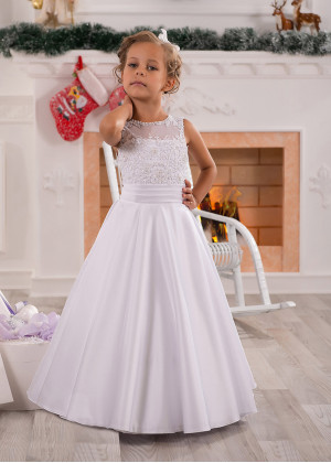 White Lace Satin Beaded Flower Girl Dress With Pleated Sash